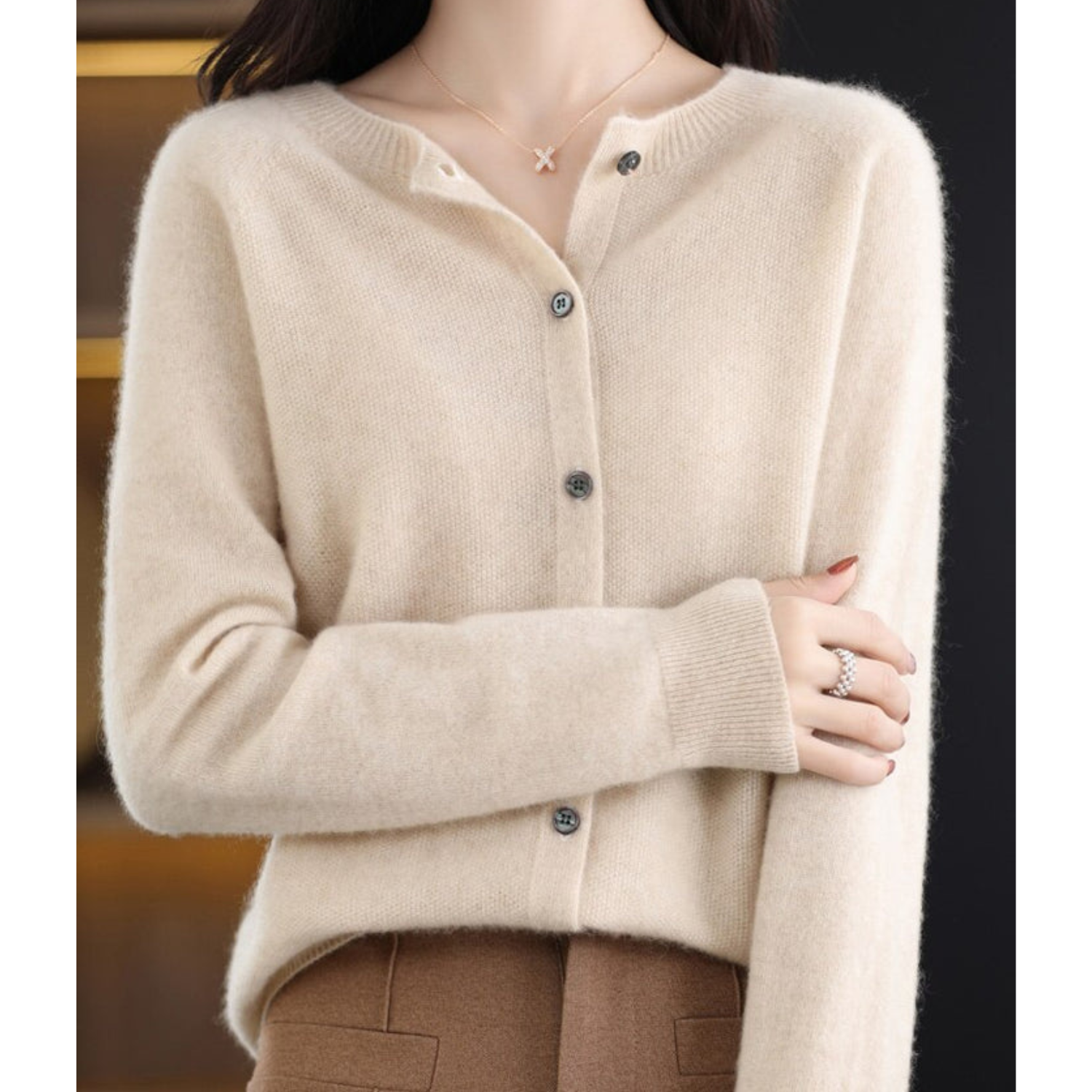 Women's Knit Cardigan with Round Neck Front Buttons, view 15 of 15