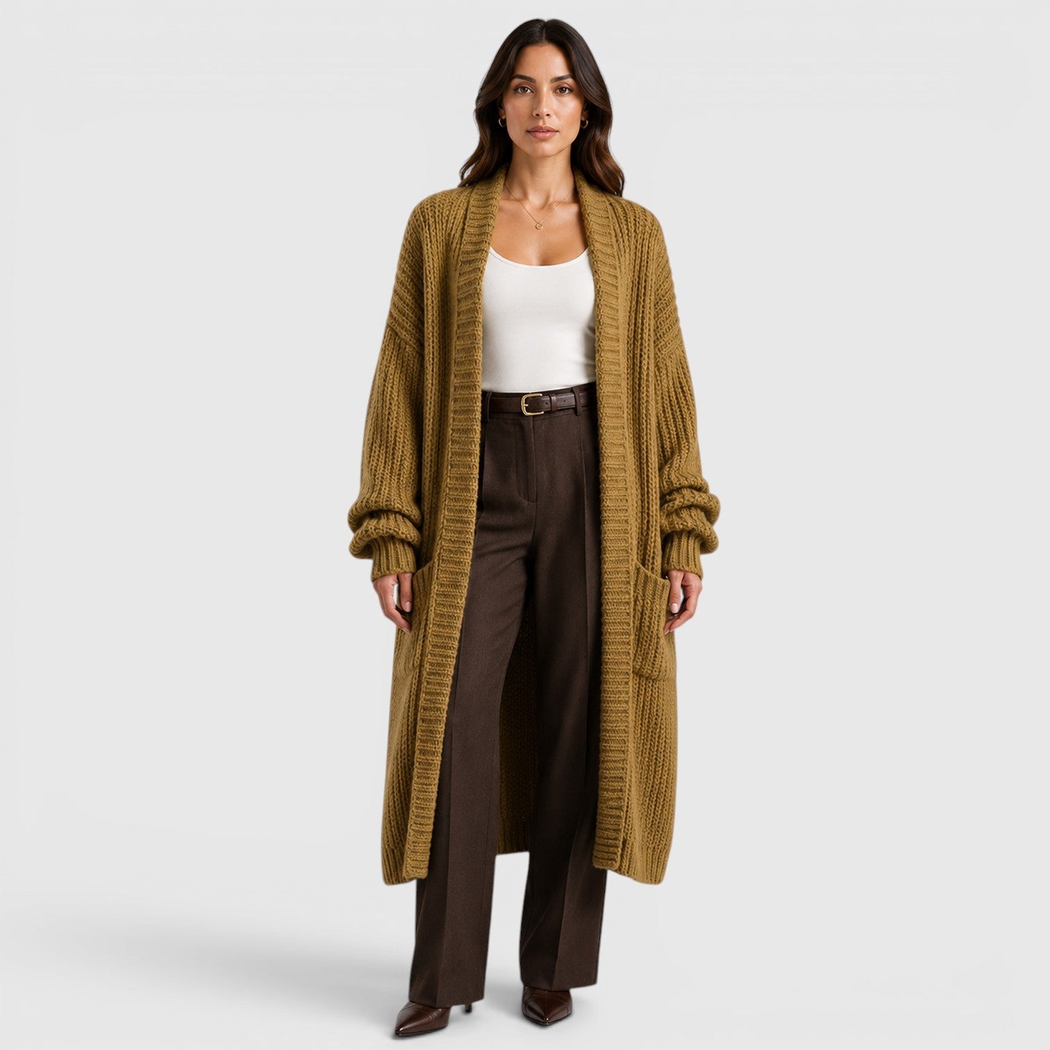 Women's Knitted Coat with longline open front knit.
