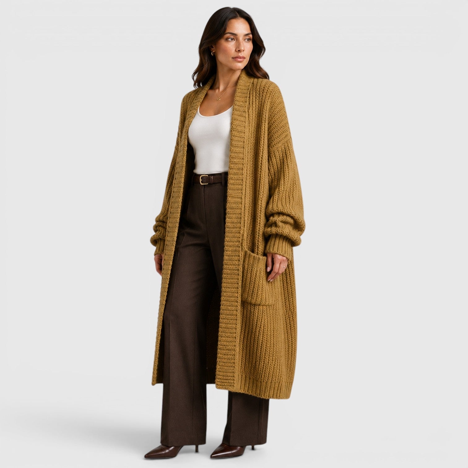 Alternate product view 2 of women's Knitted Coat with longline open front knit.
