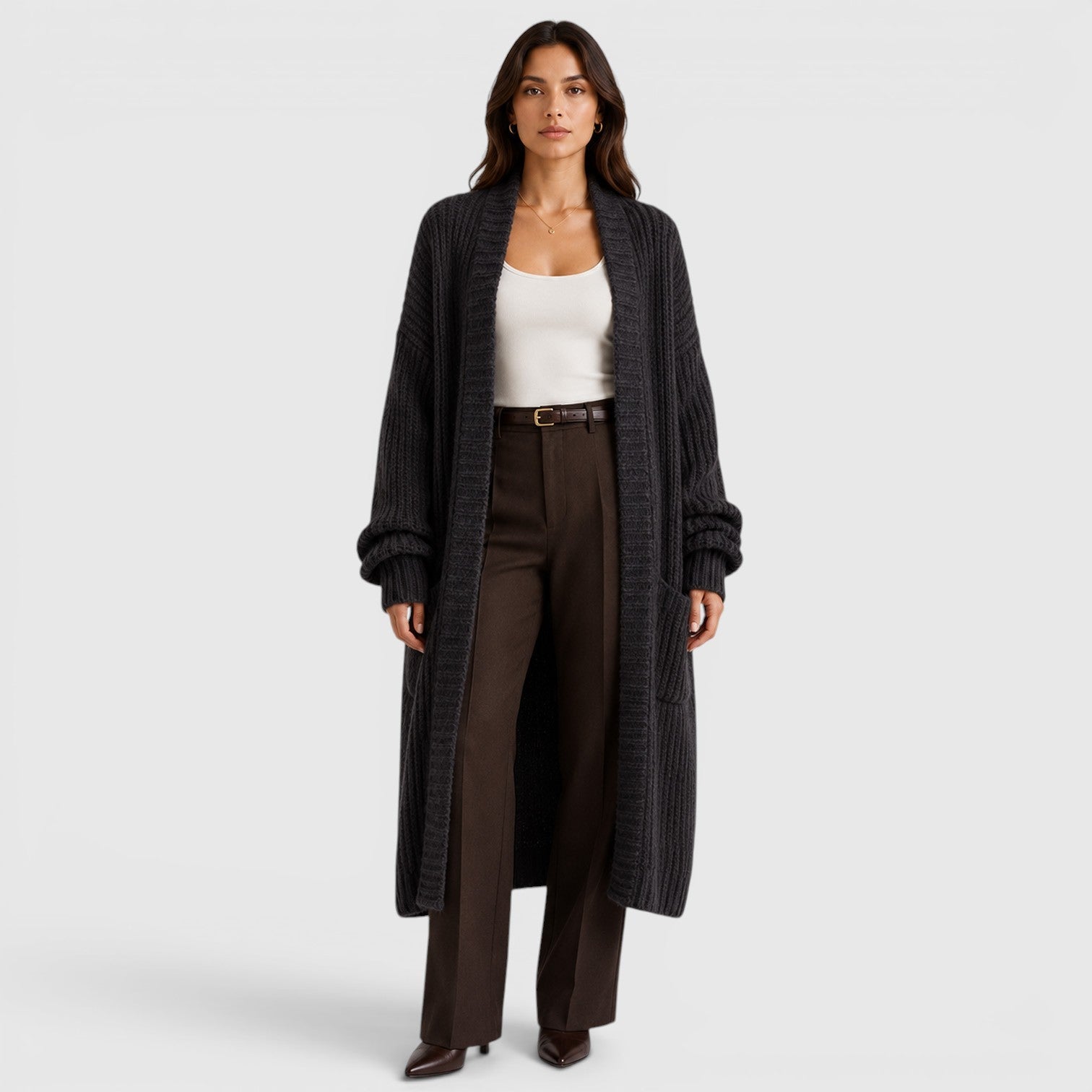 Alternate product view 18 of women's Knitted Coat with longline open front knit.