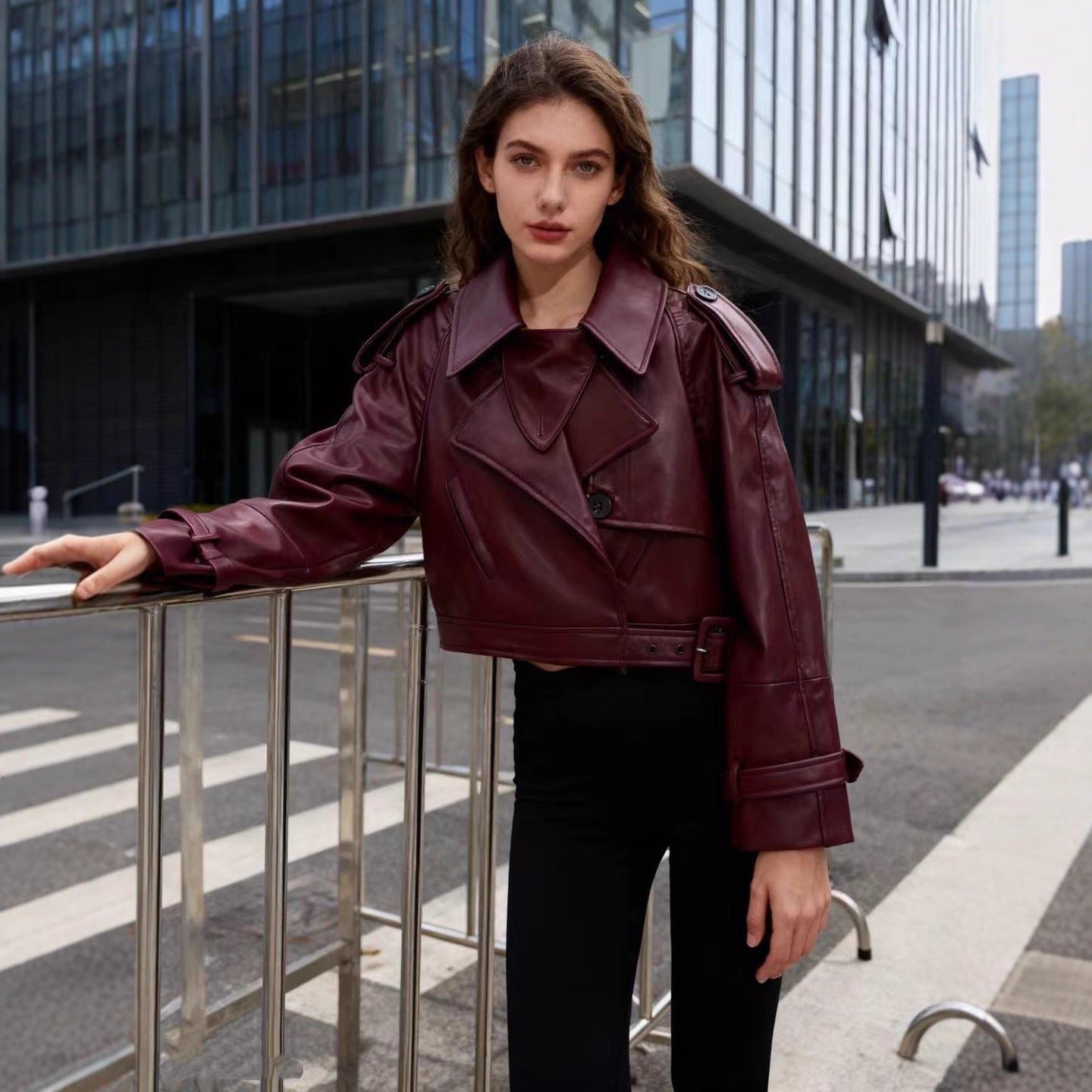 Women's Leather Double Breasted Jacket with cropped belted.