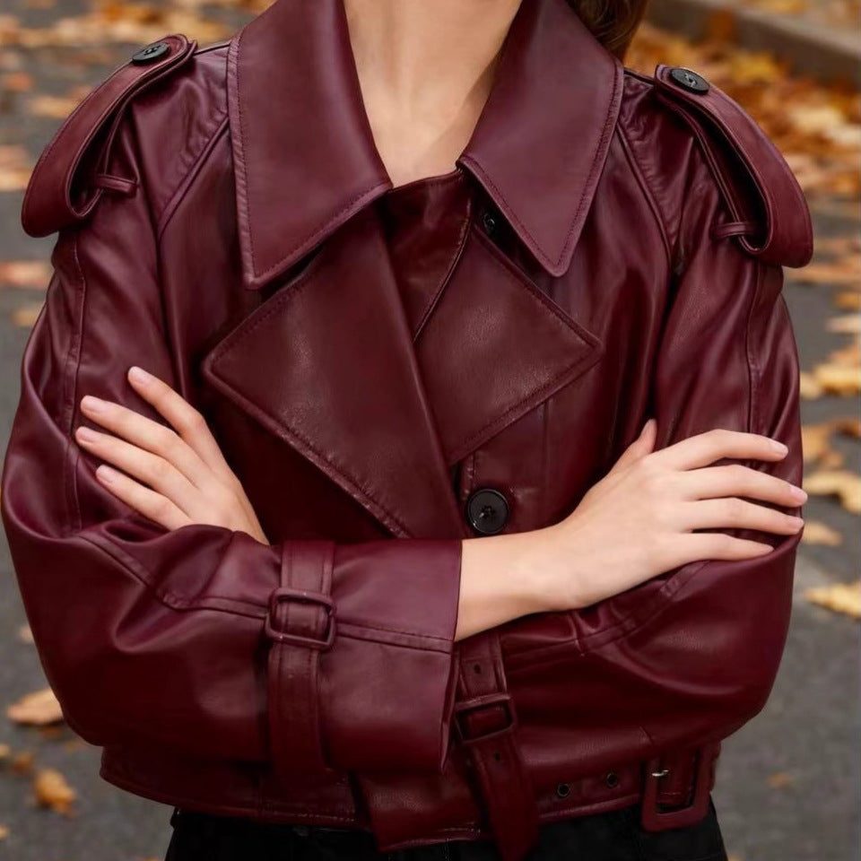 Alternate product view 3 of women's Leather Double Breasted Jacket with cropped belted.