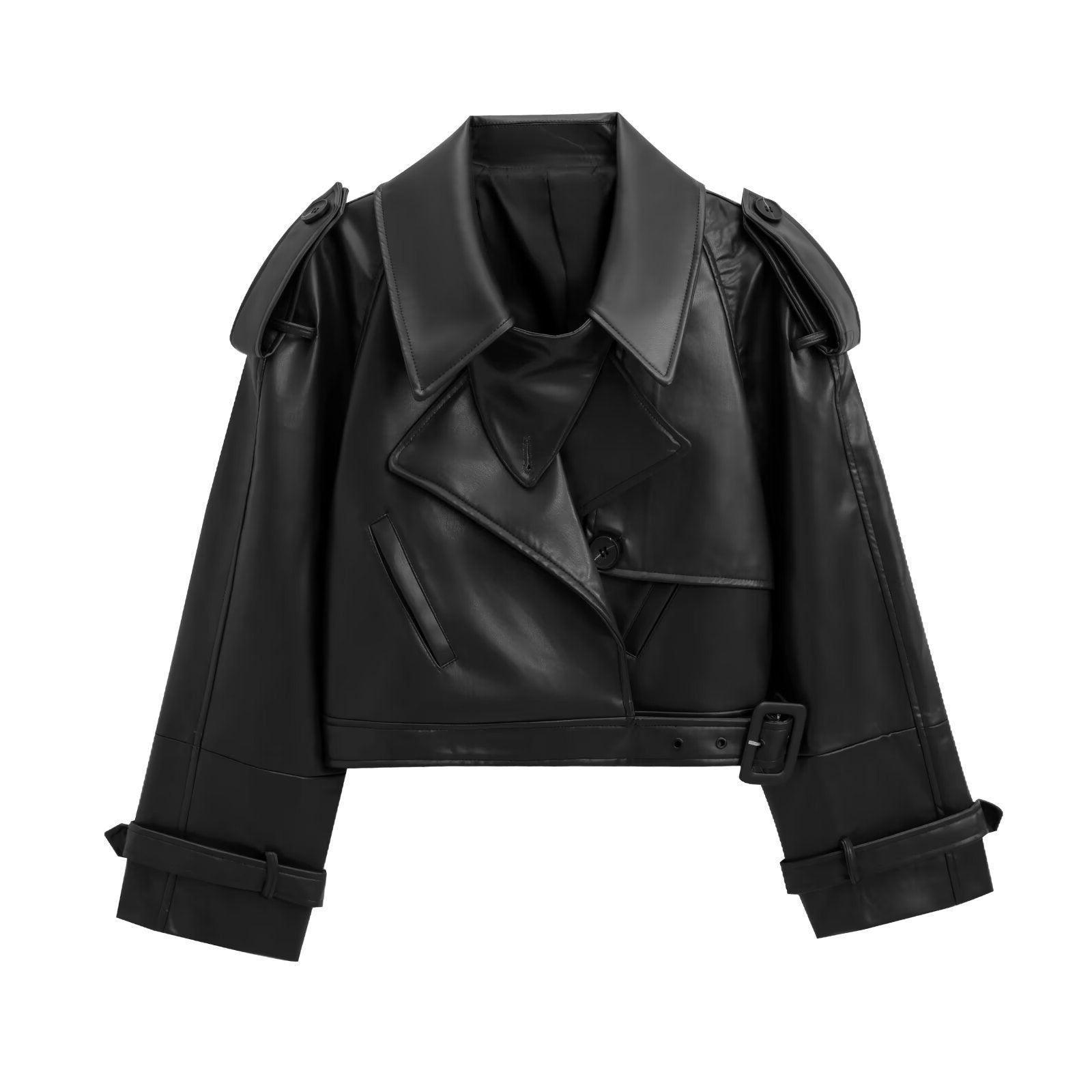 Alternate product view 4 of women's Leather Double Breasted Jacket with cropped belted.