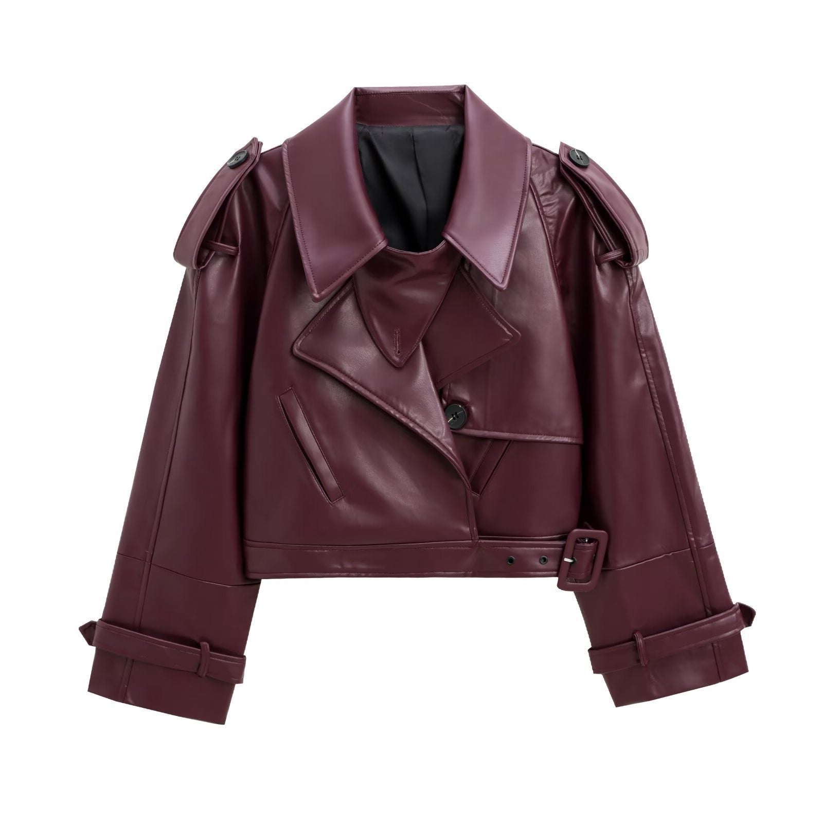Alternate product view 5 of women's Leather Double Breasted Jacket with cropped belted.