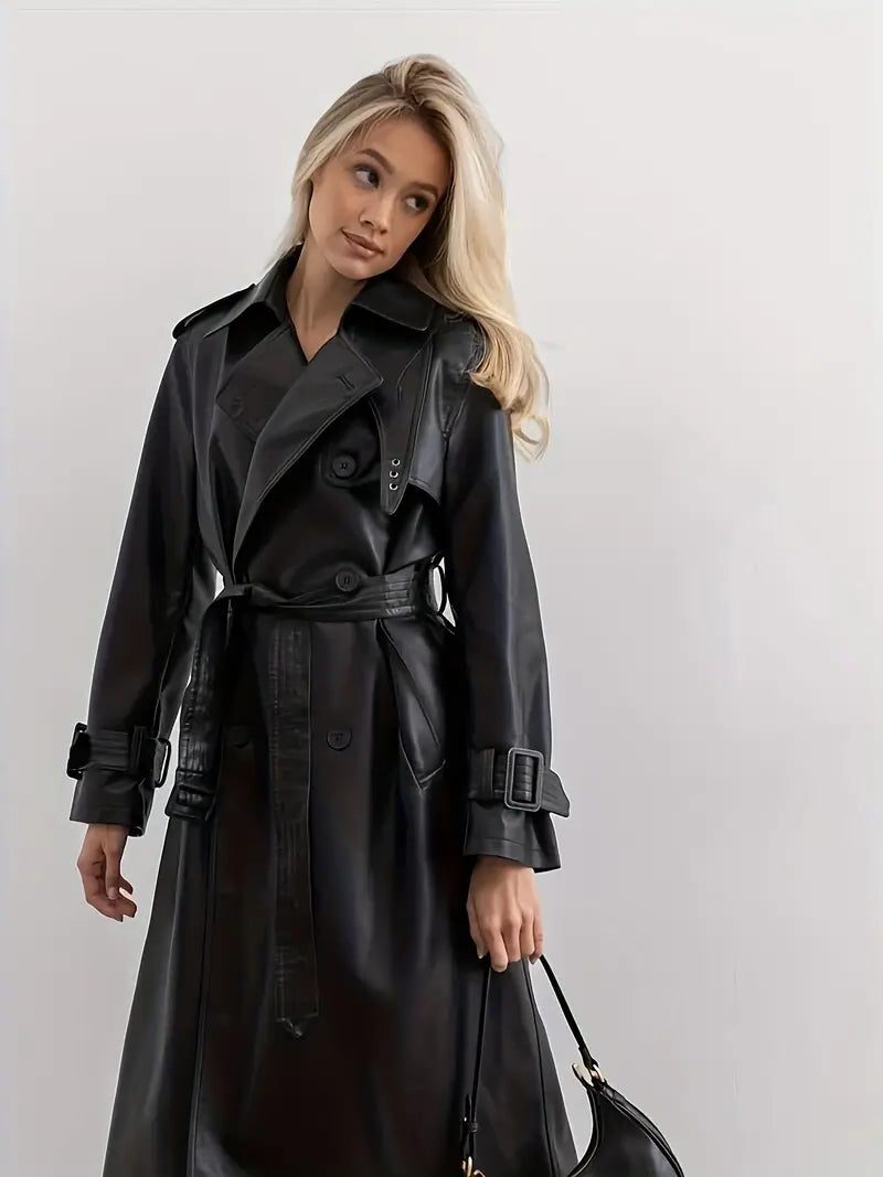 Women's Leather Long Trench Coat Belt with double-breasted.