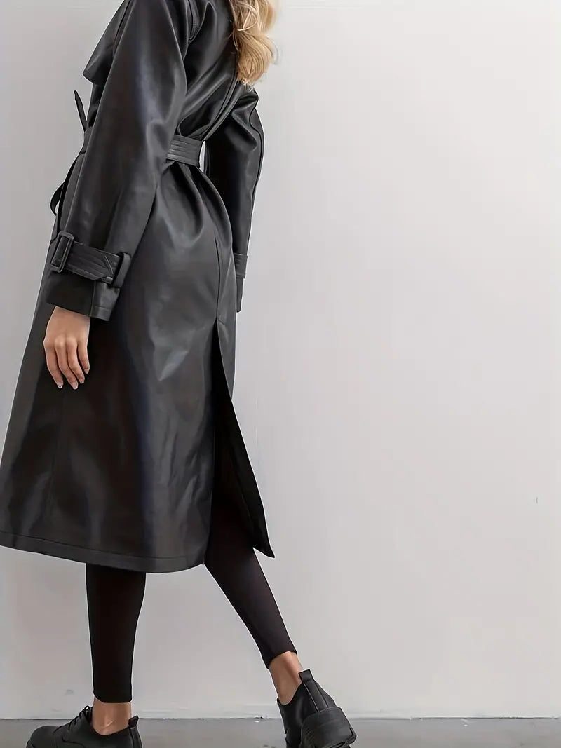 Alternate product view 2 of women's Leather Long Trench Coat Belt with double-breasted.