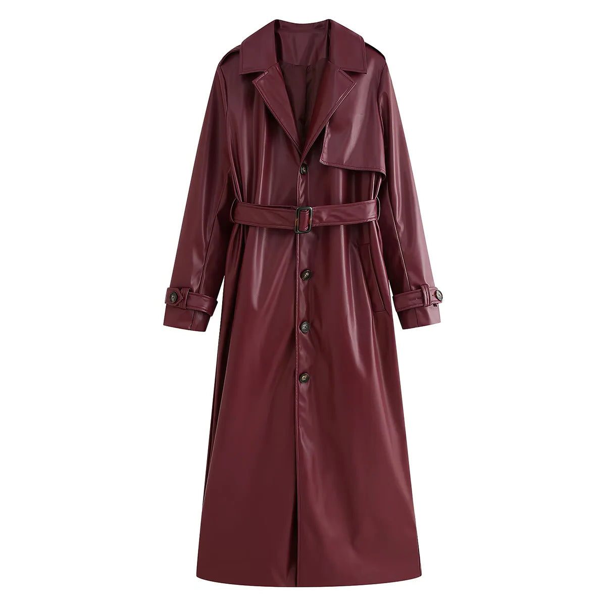 Women's Leather Long Trench Coat Belt with glossy.
