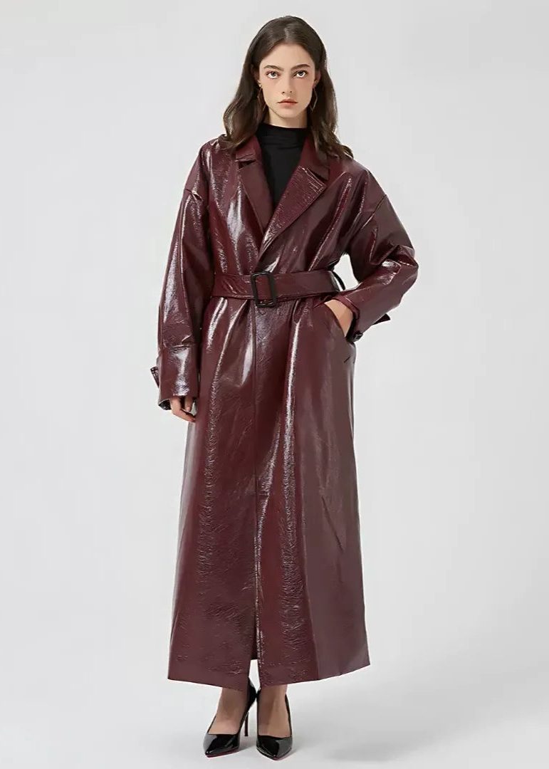 Women's Leather Long Trench Coat Belt with glossy belted.