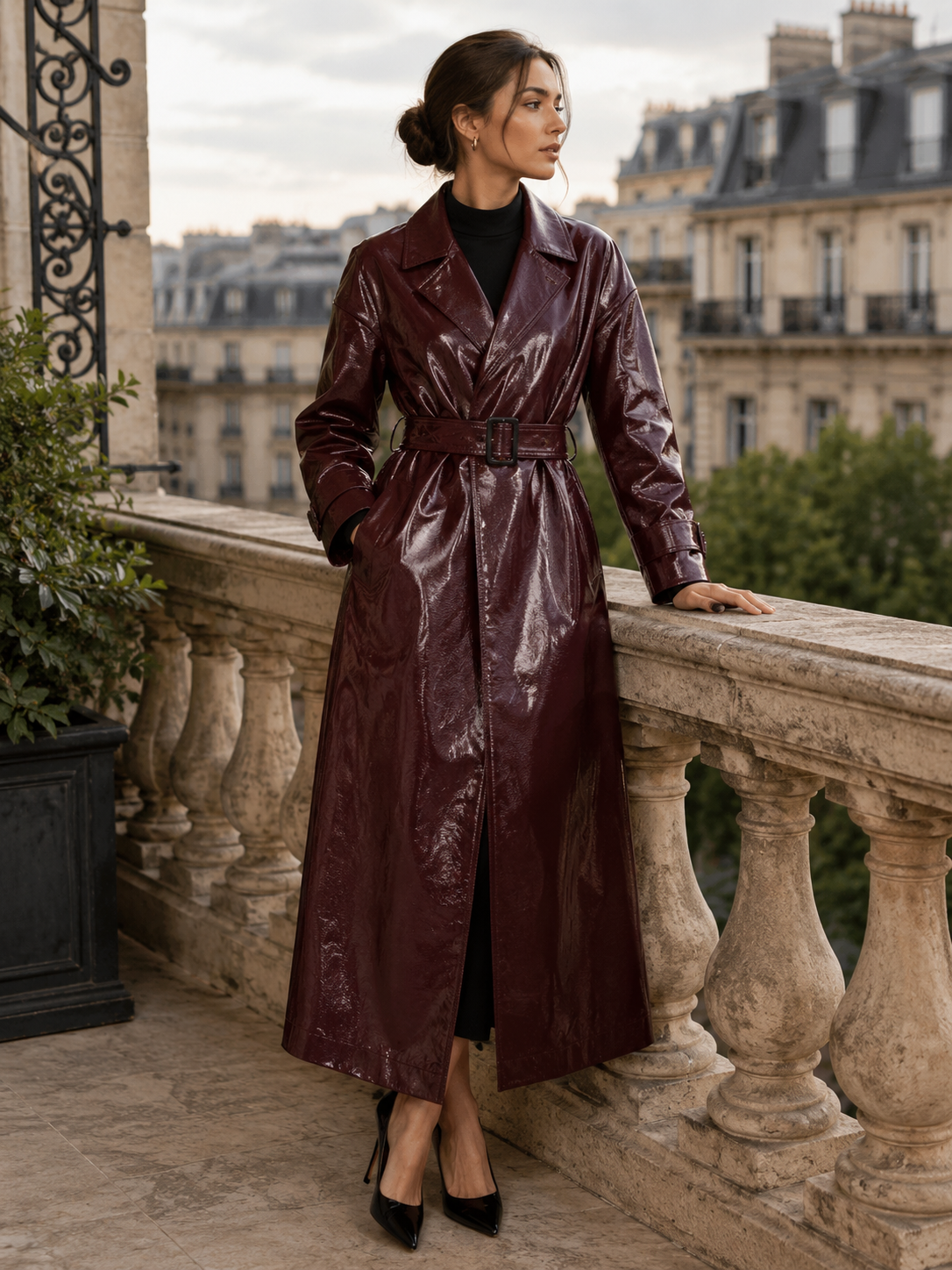 Alternate product view 2 of women's Leather Long Trench Coat Belt with glossy belted.