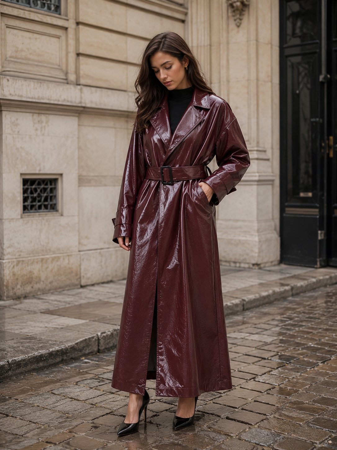 Alternate product view 3 of women's Leather Long Trench Coat Belt with glossy belted.
