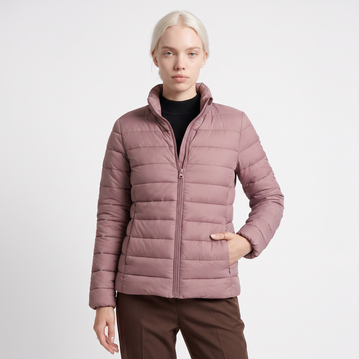 Women's Lightweight Quilted Puffer Jacket with Funnel Neck, view 6 of 9