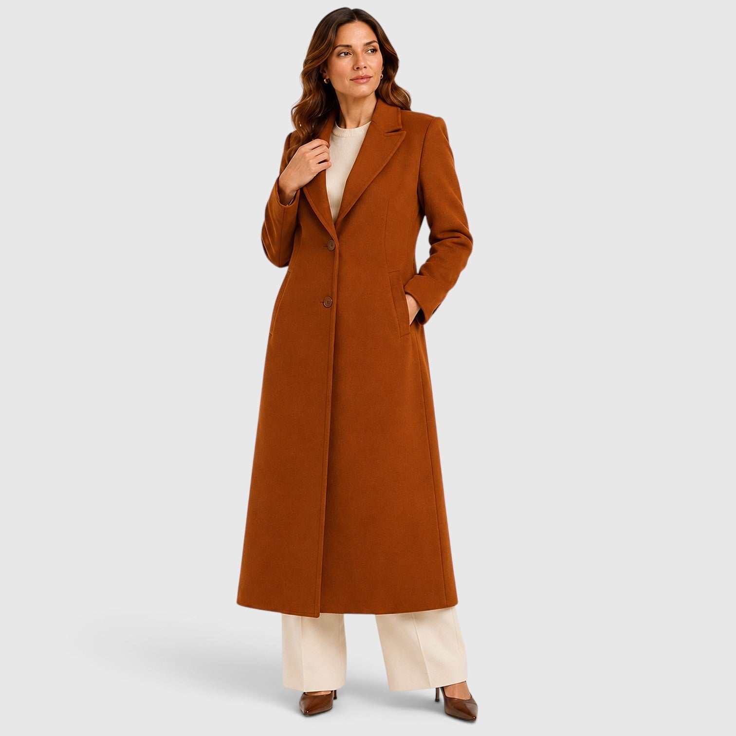 Women's Long Coat Lapel Collar with single-breasted relaxed.
