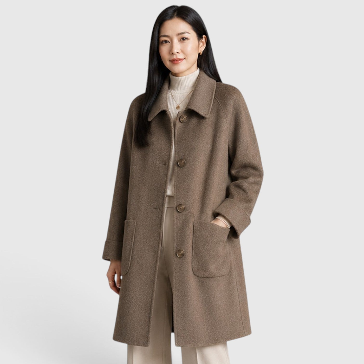 Women's Long Coat with single-breasted lapel design.