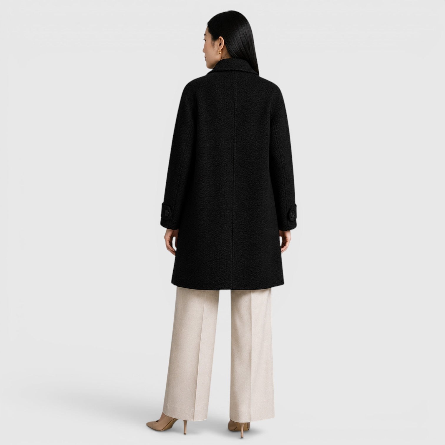 Alternate product view 5 of women's Long Coat with single-breasted lapel design.