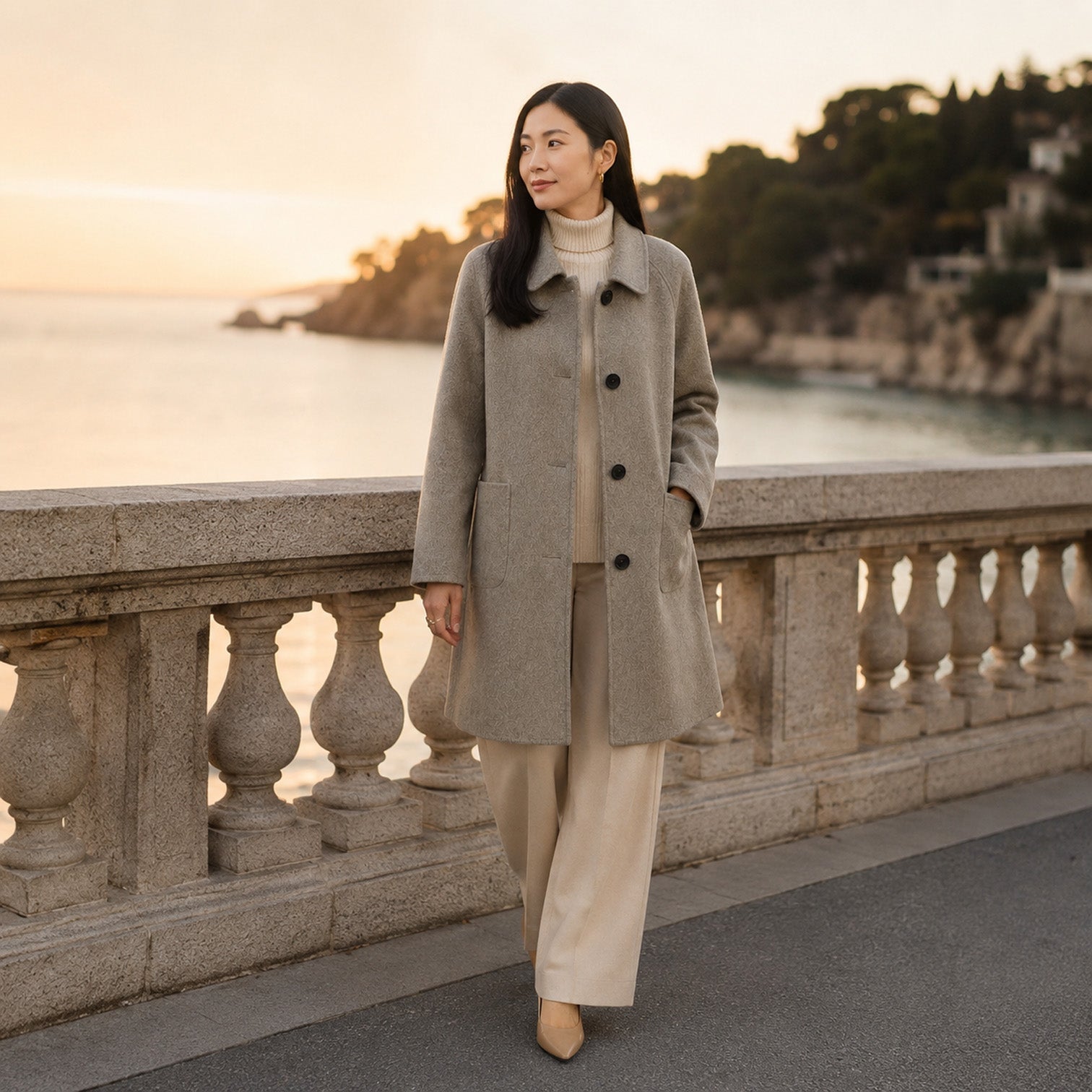 Alternate product view 9 of women's Long Coat with single-breasted lapel design.