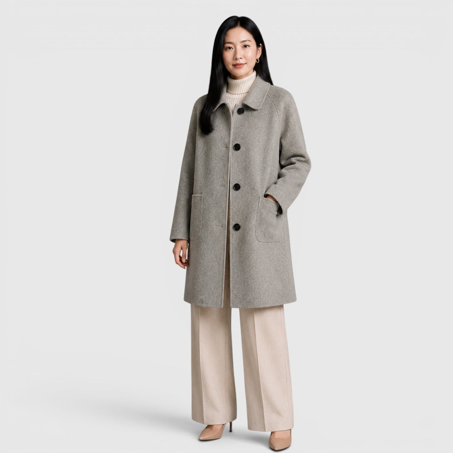 Alternate product view 10 of women's Long Coat with single-breasted lapel design.