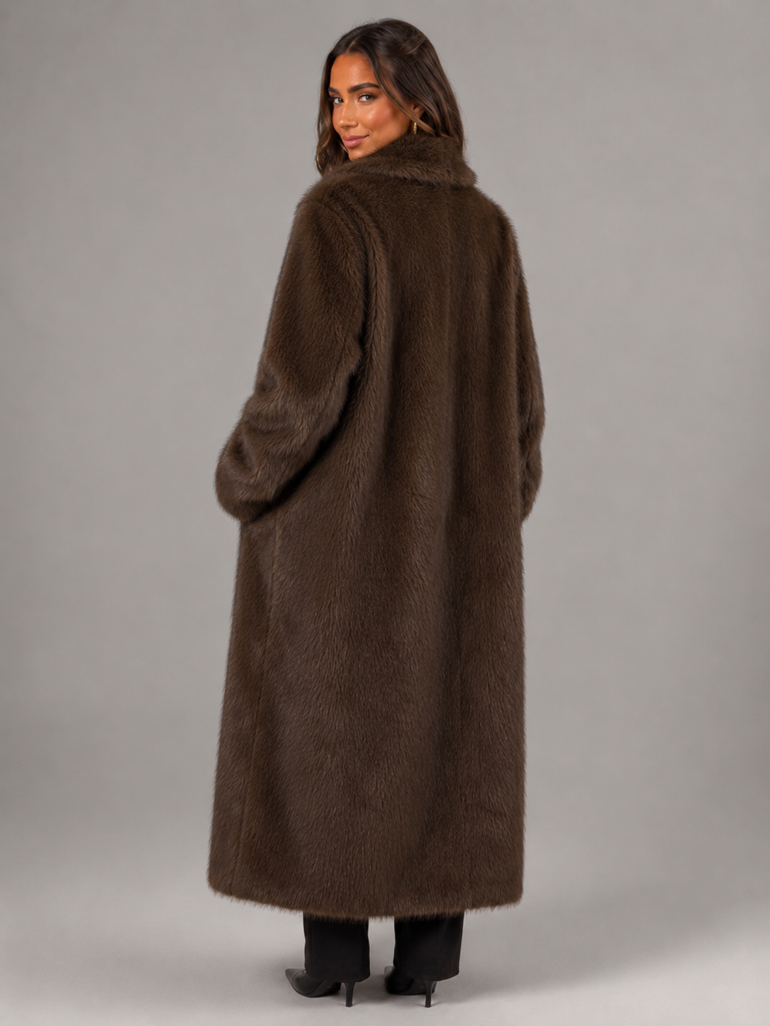Women's Long Faux Fur Coat with Collared Design, view 2 of 10