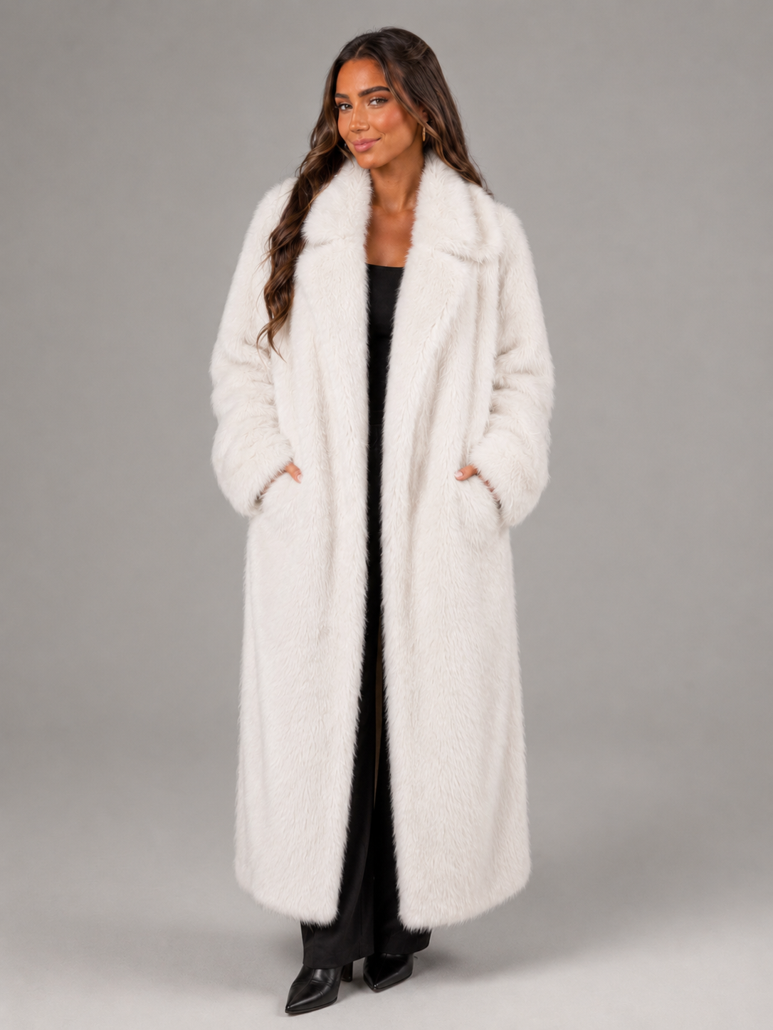 Women's Long Faux Fur Coat with Collared Design, view 6 of 10