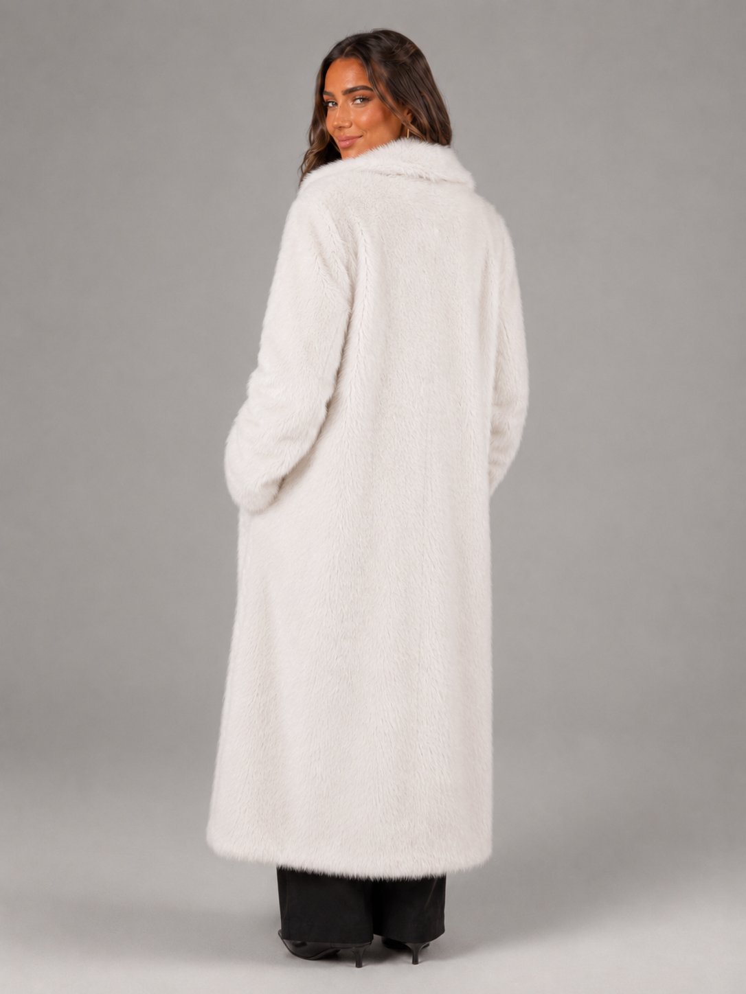 Women's Long Faux Fur Coat with Collared Design, view 7 of 10