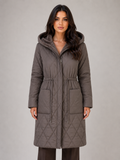 Women's long quilted puffer coat, faux fur collar – product image 1