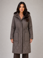Women's long quilted puffer coat, faux fur collar – product image 1