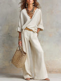 Linen V-Neck Long Sleeve Co-Ord Set Wide-Leg - Relaxed Fit