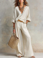 Linen V-Neck Long Sleeve Co-Ord Set Wide-Leg - Relaxed Fit