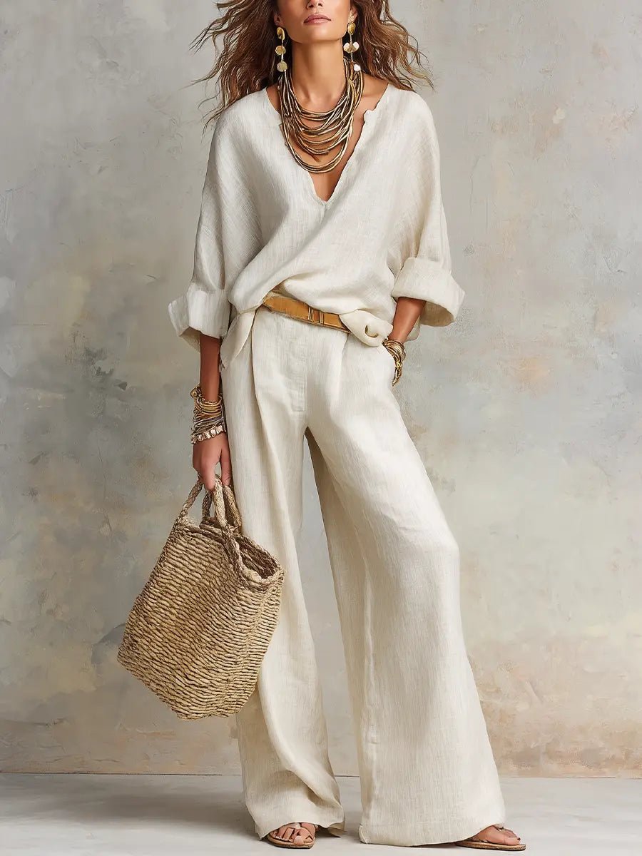 Linen V-Neck Long Sleeve Co-Ord Set Wide-Leg - Relaxed Fit