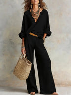 Linen V-Neck Long Sleeve Co-Ord Set Wide-Leg - Relaxed Fit