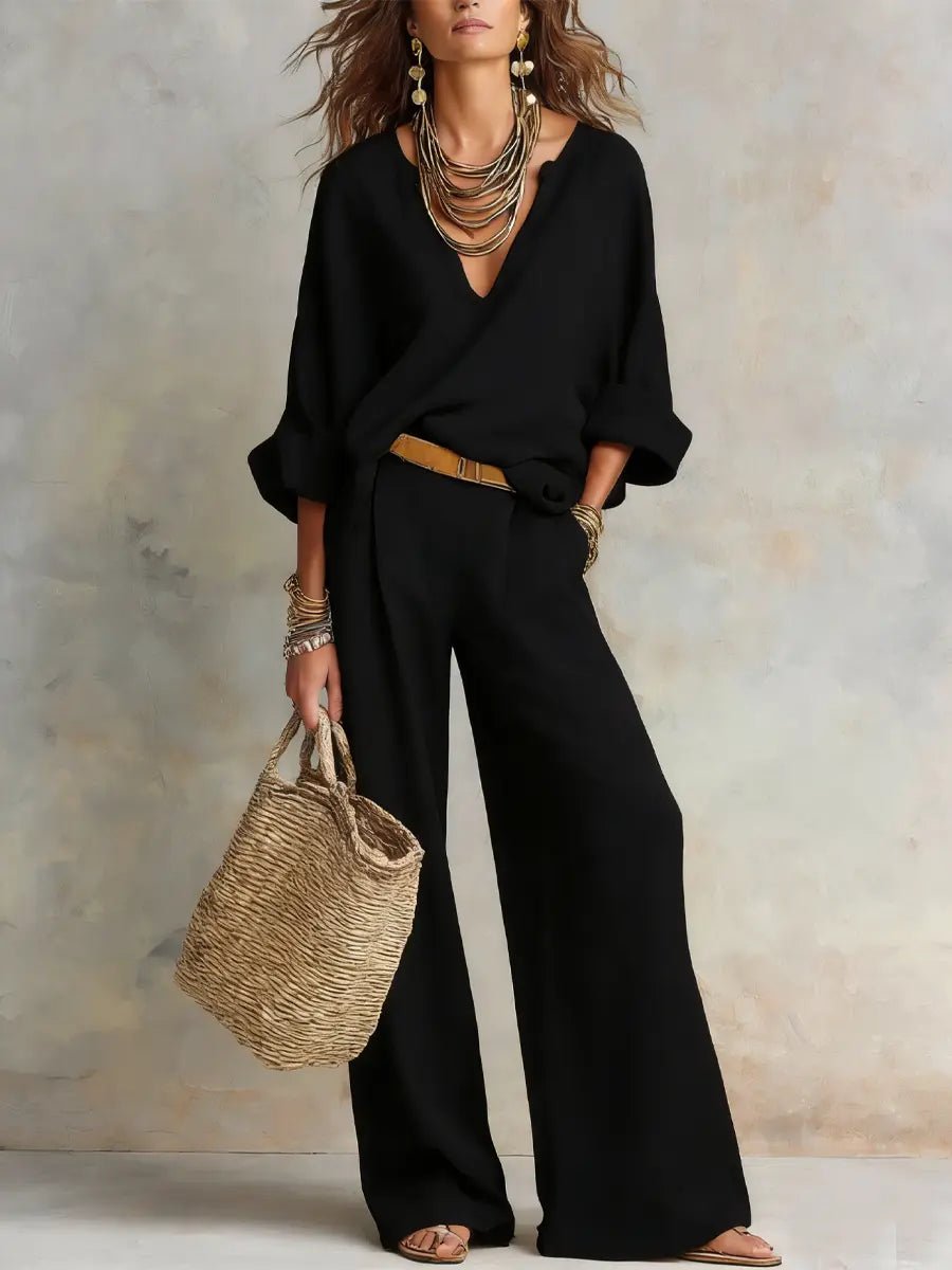 Linen V-Neck Long Sleeve Co-Ord Set Wide-Leg - Relaxed Fit