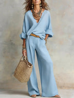 Linen V-Neck Long Sleeve Co-Ord Set Wide-Leg - Relaxed Fit