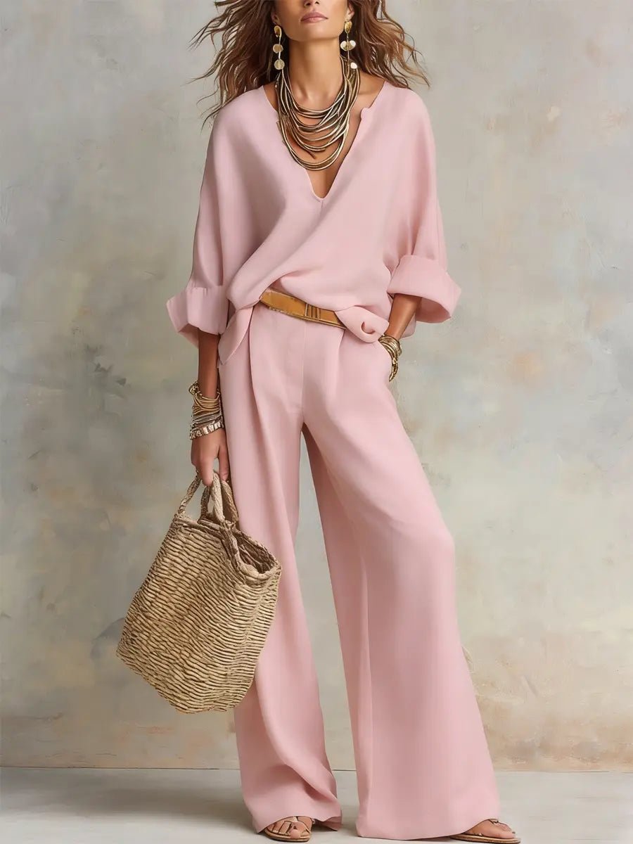 Linen V-Neck Long Sleeve Co-Ord Set Wide-Leg - Relaxed Fit