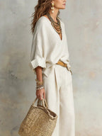 Linen V-Neck Long Sleeve Co-Ord Set Wide-Leg - Relaxed Fit