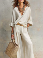 Linen V-Neck Long Sleeve Co-Ord Set Wide-Leg - Relaxed Fit