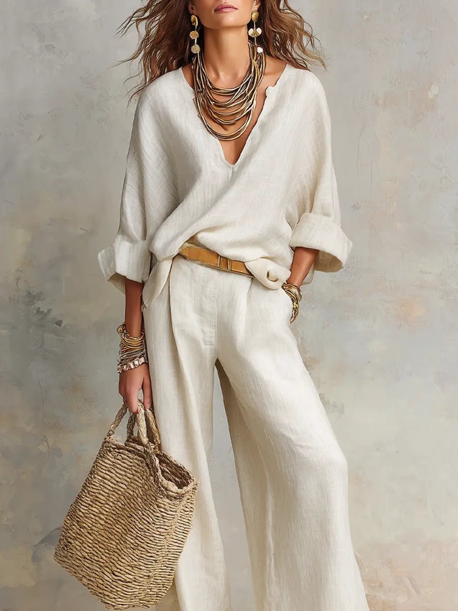 Linen V-Neck Long Sleeve Co-Ord Set Wide-Leg - Relaxed Fit
