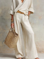 Linen V-Neck Long Sleeve Co-Ord Set Wide-Leg - Relaxed Fit