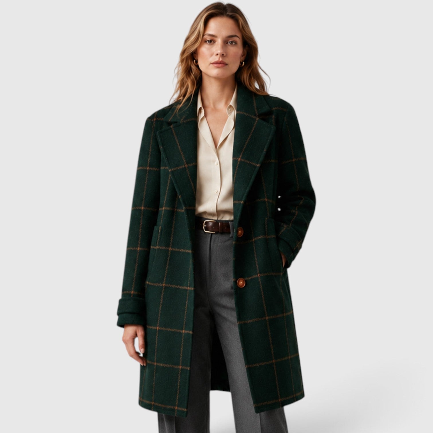Women's Mid Length Coat Classic Lapel with plaid classic lapel.