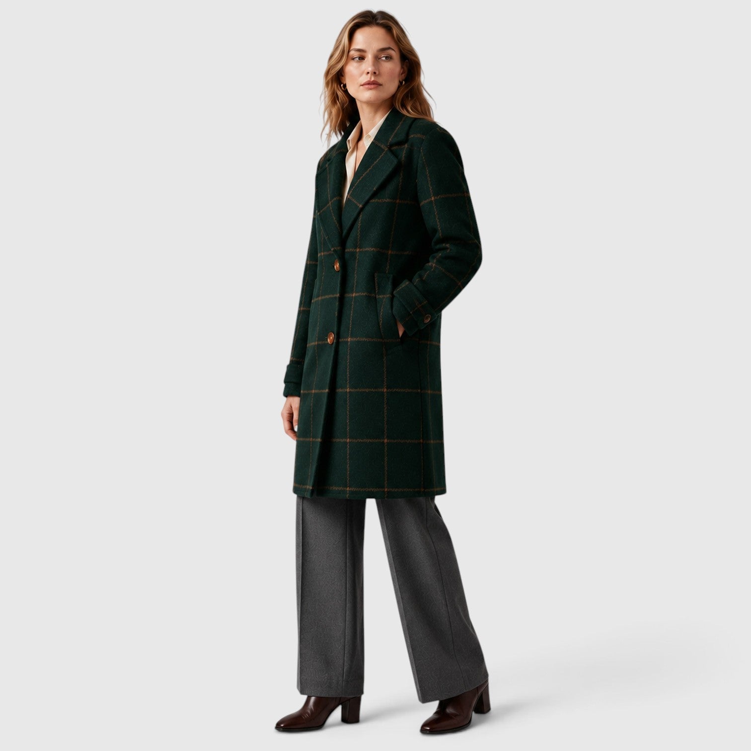 Alternate product view 2 of women's Mid Length Coat Classic Lapel with plaid classic lapel.