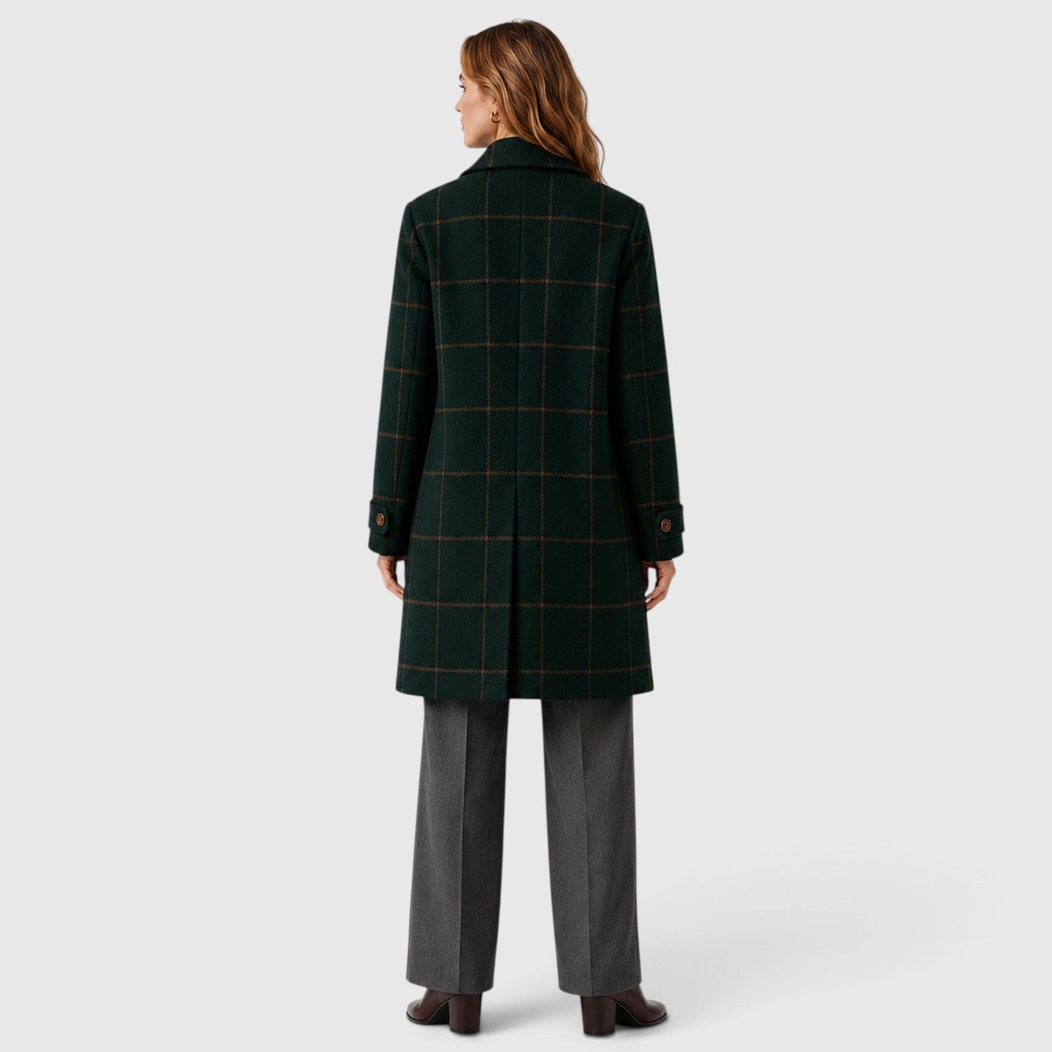 Alternate product view 3 of women's Mid Length Coat Classic Lapel with plaid classic lapel.