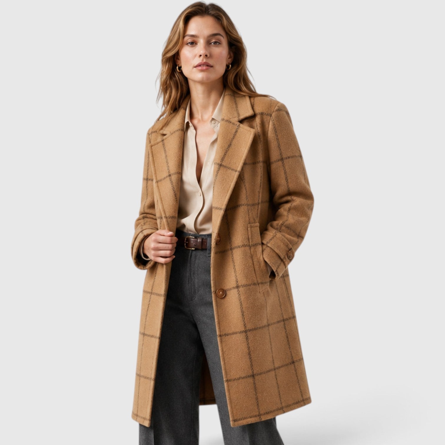 Alternate product view 5 of women's Mid Length Coat Classic Lapel with plaid classic lapel.