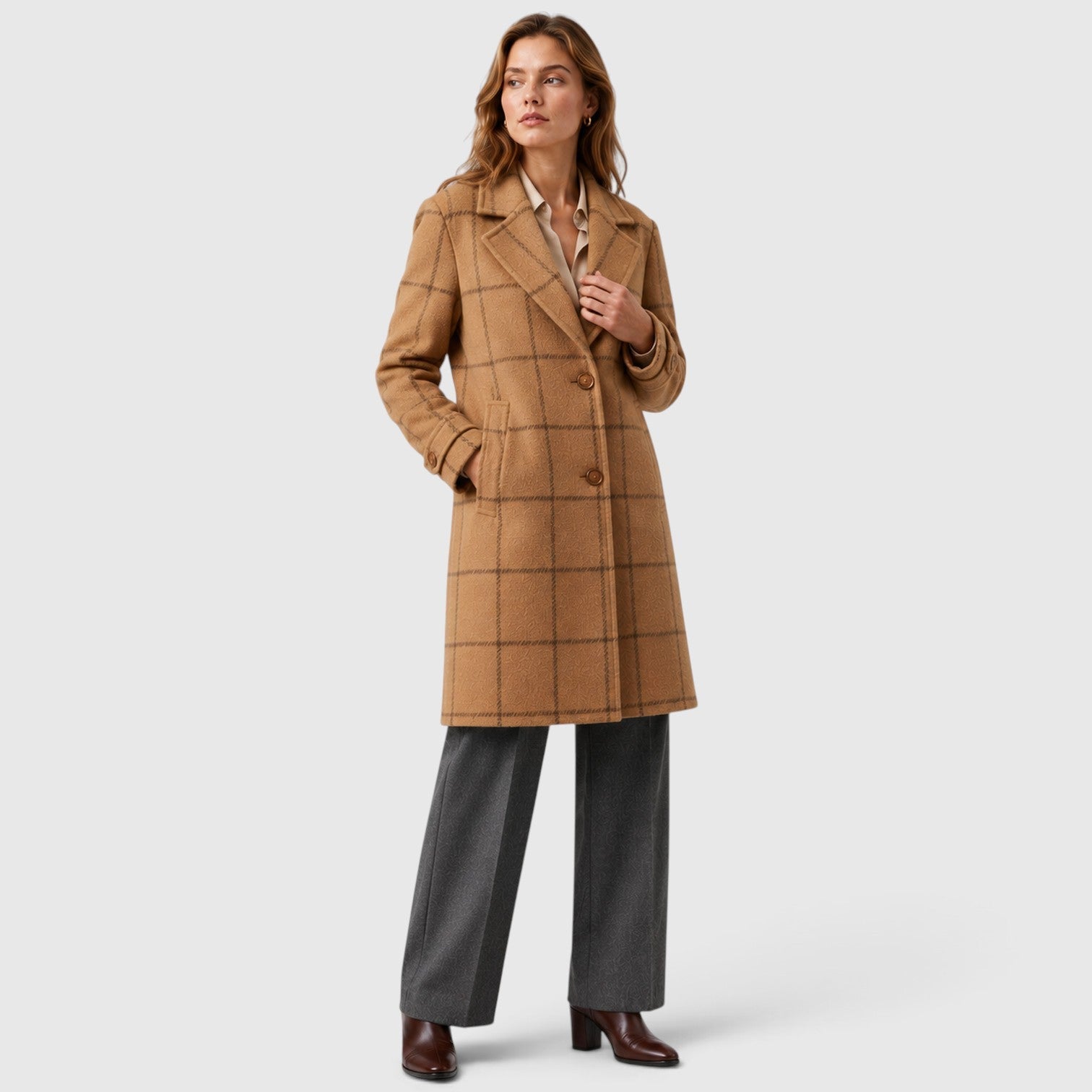 Alternate product view 6 of women's Mid Length Coat Classic Lapel with plaid classic lapel.