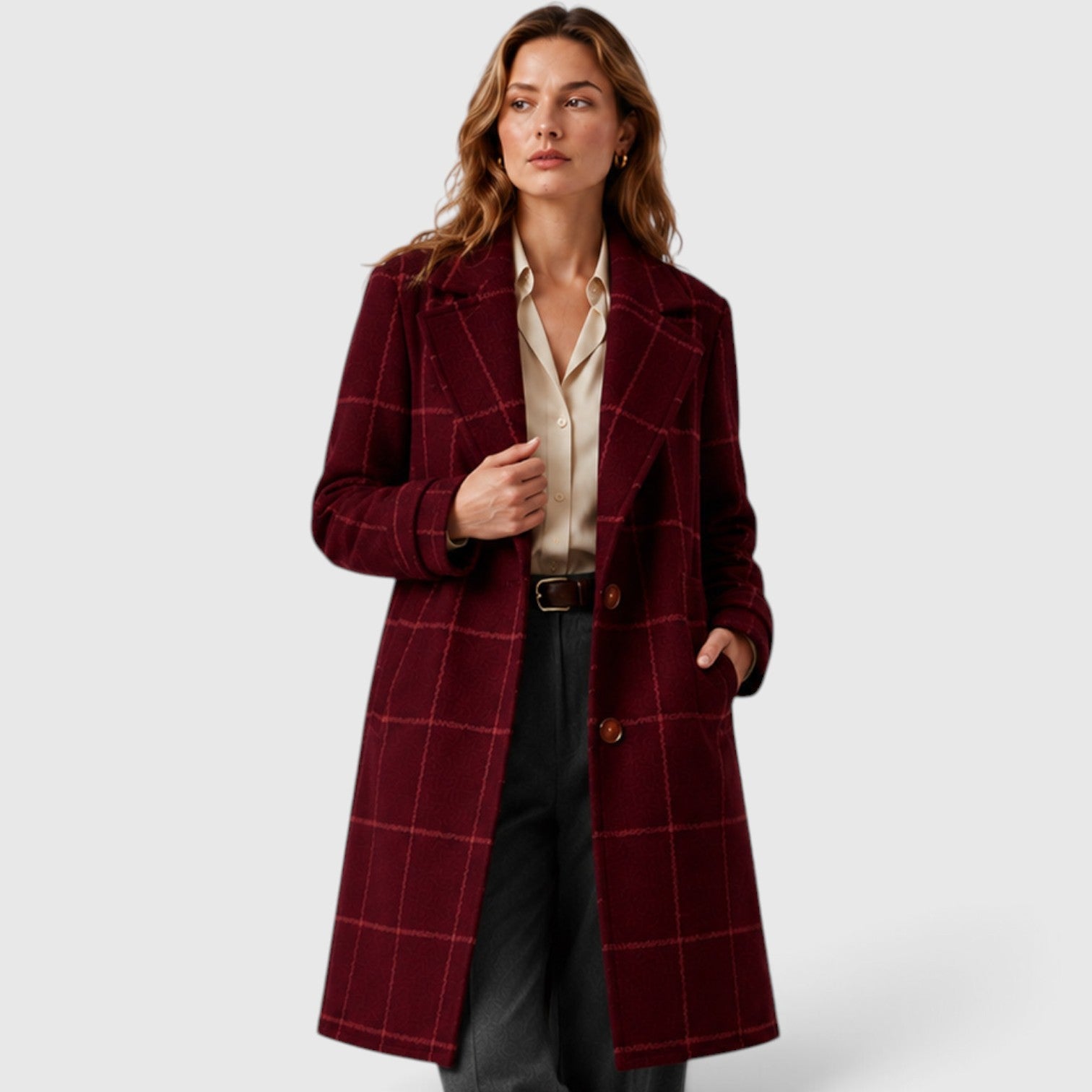Alternate product view 9 of women's Mid Length Coat Classic Lapel with plaid classic lapel.