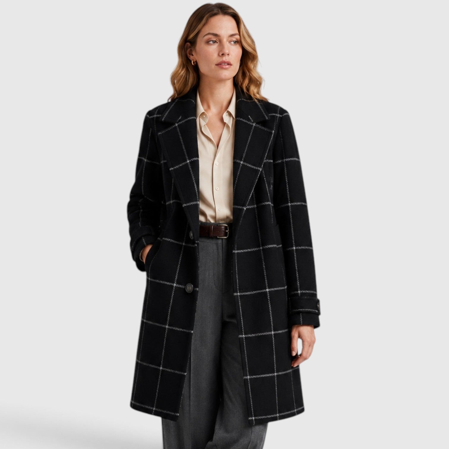 Alternate product view 13 of women's Mid Length Coat Classic Lapel with plaid classic lapel.