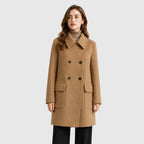Alternate product view 4 of women's Mid Length Coat with double-breasted lapel design.