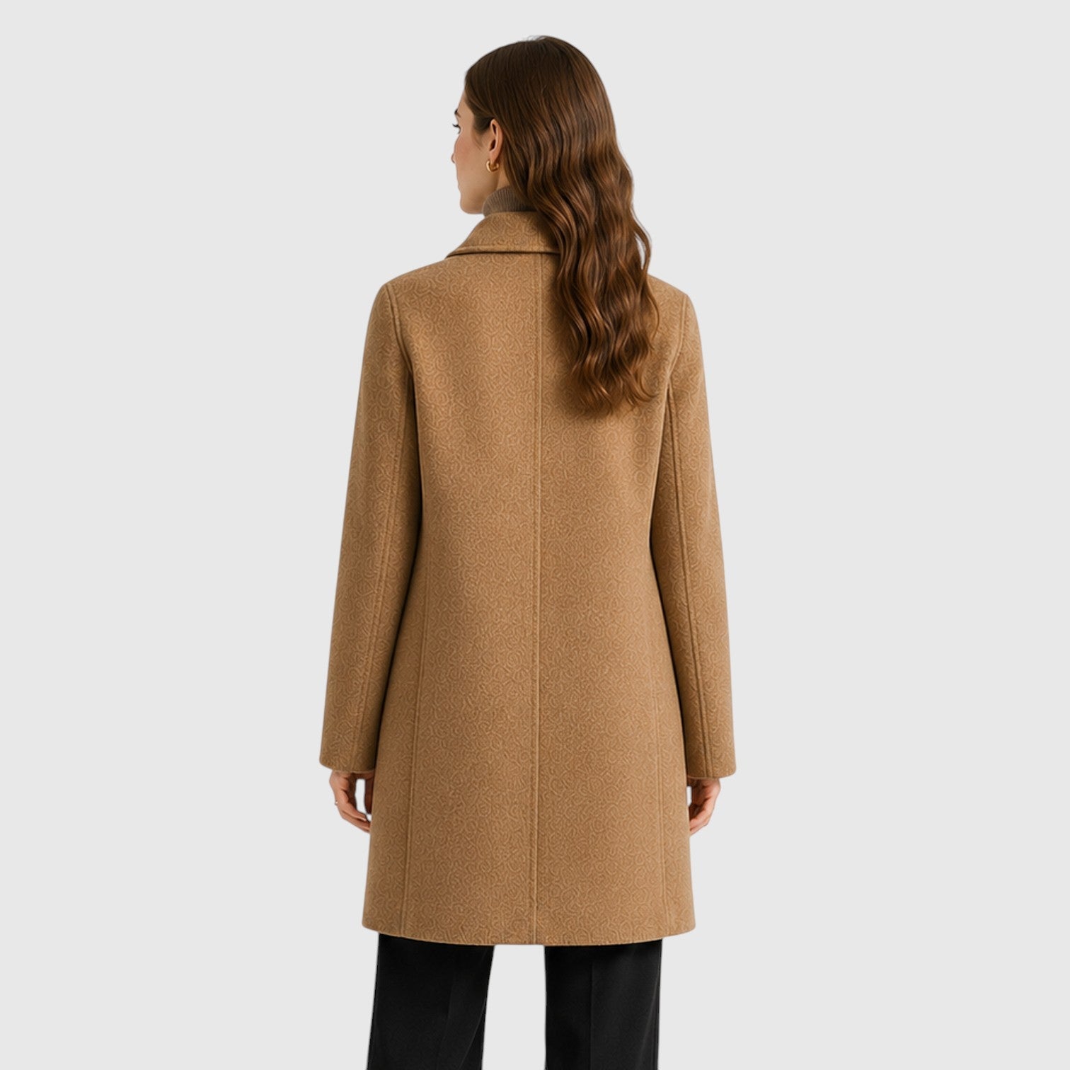 Alternate product view 6 of women's Mid Length Coat with double-breasted lapel design.