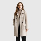 Alternate product view 8 of women's Mid Length Coat with double-breasted lapel design.