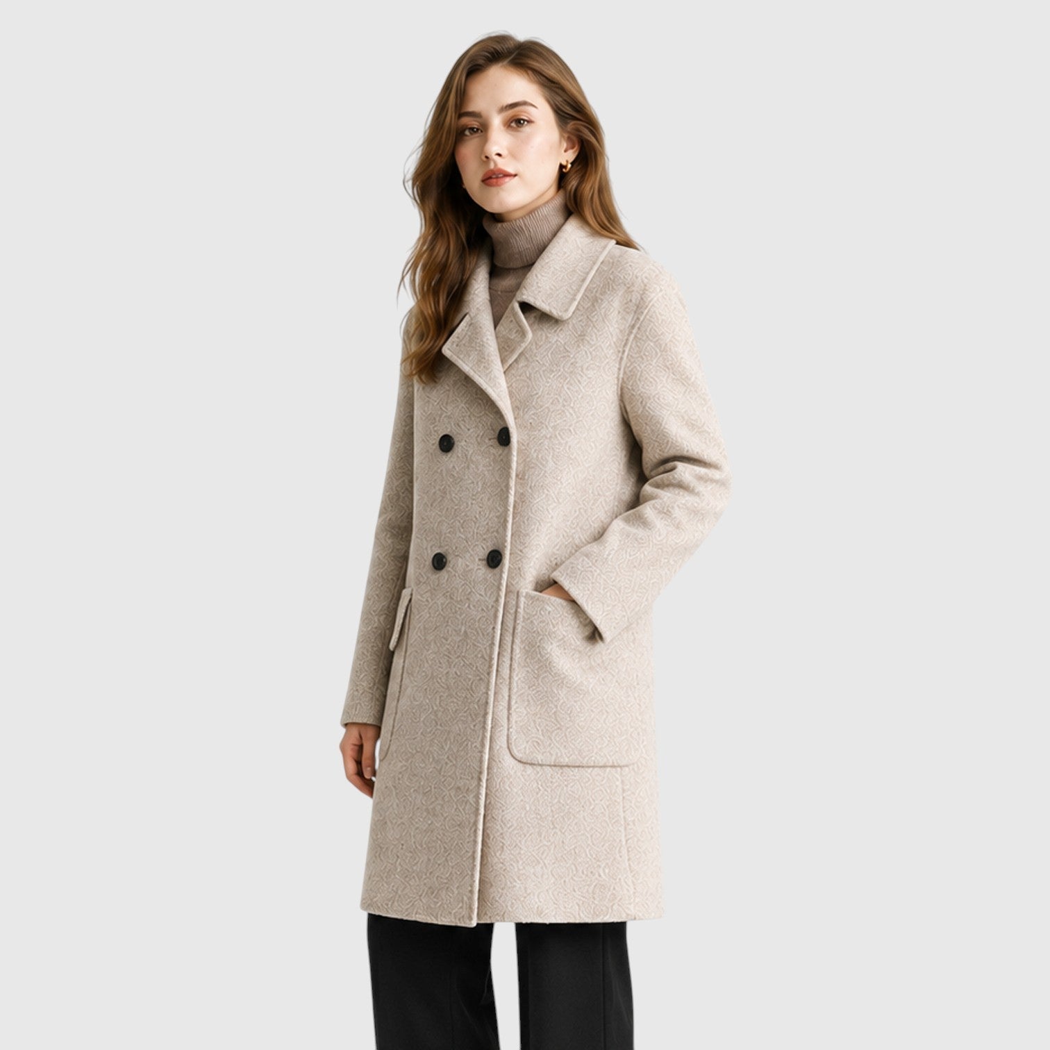Alternate product view 9 of women's Mid Length Coat with double-breasted lapel design.