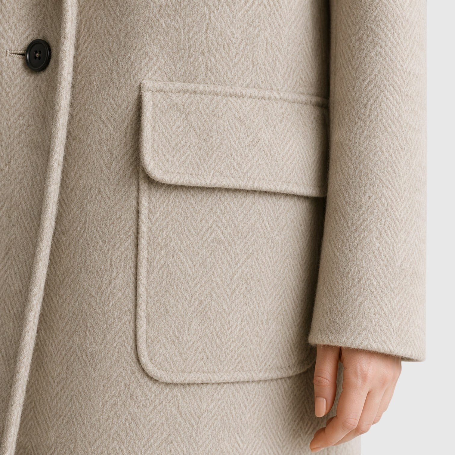 Alternate product view 11 of women's Mid Length Coat with double-breasted lapel design.