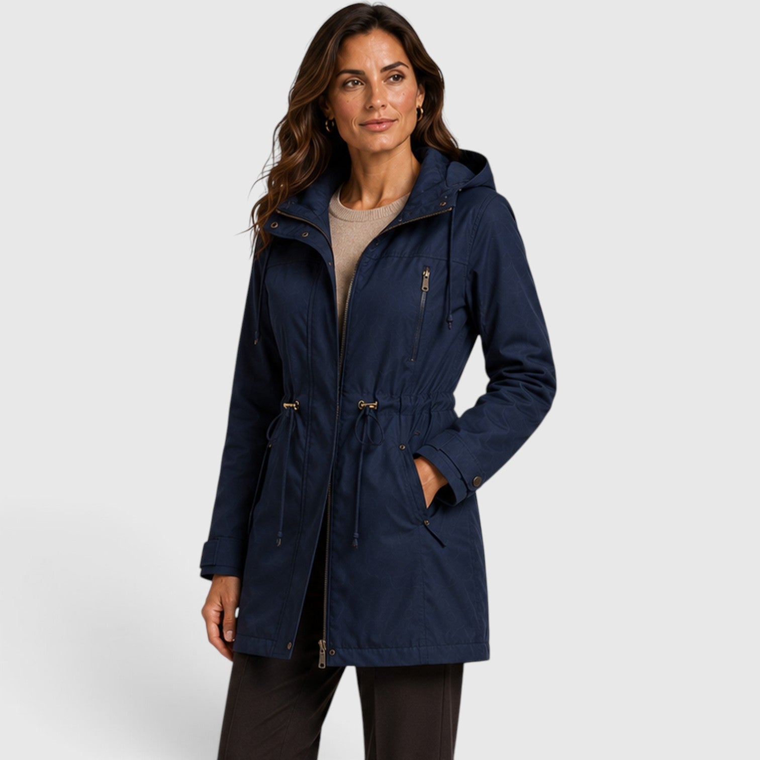 Women's Mid Length Coat with drawstring waist hooded design.
