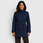 Alternate product view 2 of women's Mid Length Coat with drawstring waist hooded design.
